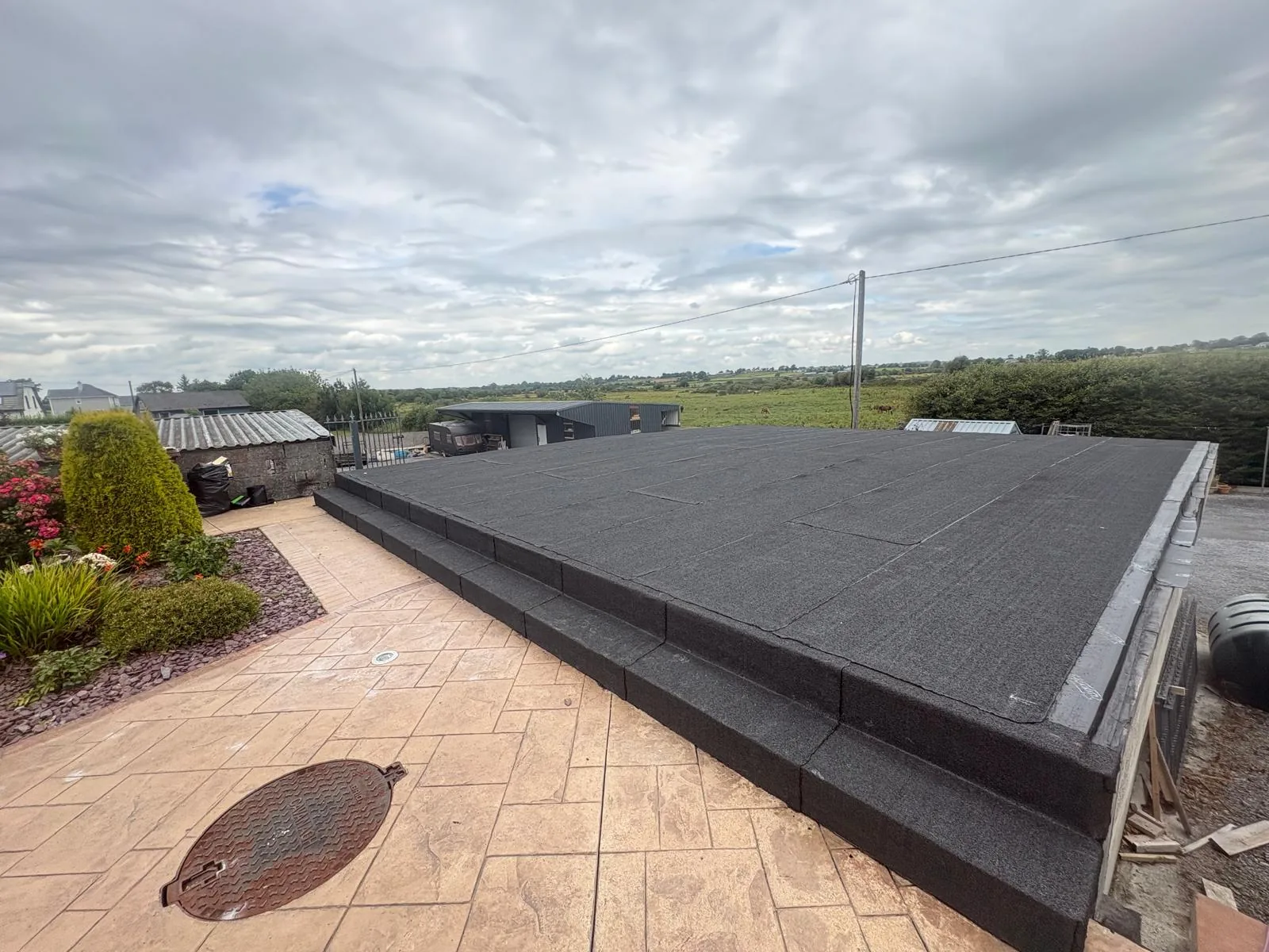Flat roof waterproofing project overlooking the Mayo countryside